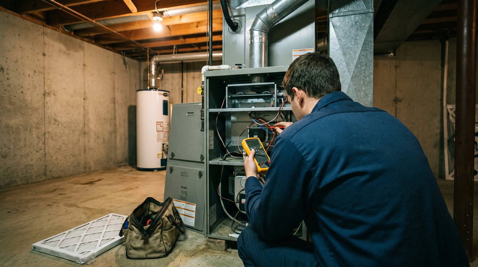 An HVAC technician checking a residential gas furnace in a basement utility room