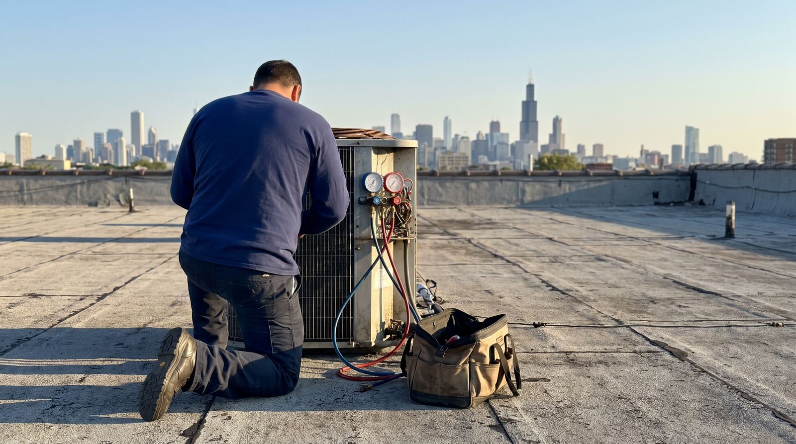 An HVAC technician servicing a rooftop air conditioning condenser with the Chicago skyline behind